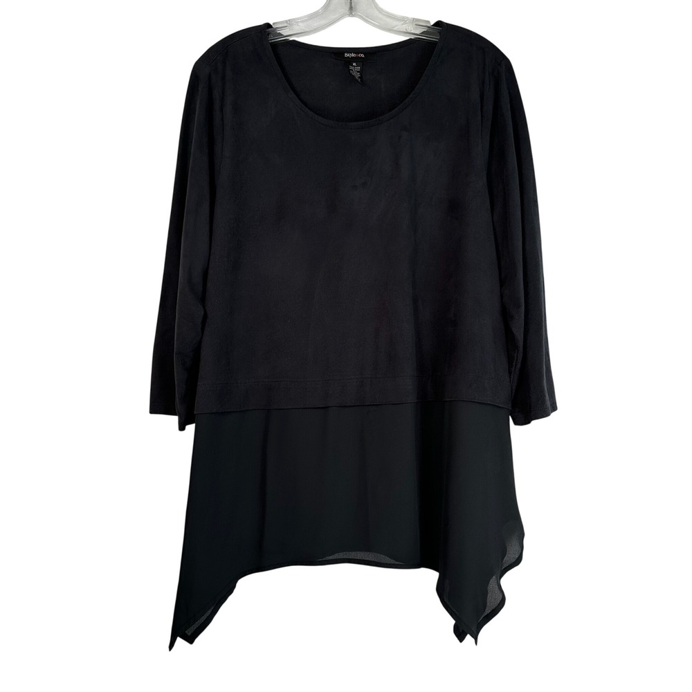 Style & Co Black Faux Suede Mixed Media Sharkbite Tunic Top XL 3/4 Sleeve